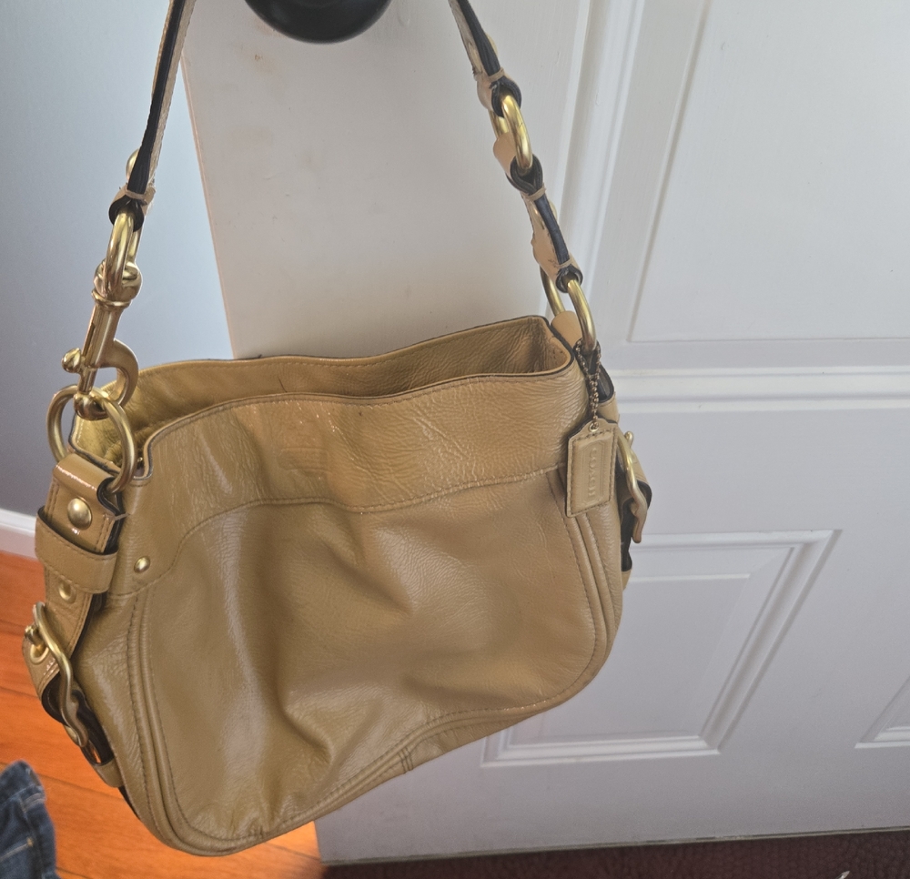 Coach ZOE Mustand-Tone Pebbled Leather Shoulder Bag with Gold Hardware